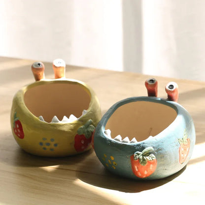 2 Pcs Yellow Whimsical Monster Ceramic Succulent Planter - Hand-Painted Character Pot with Drainage - Mekamart Australia