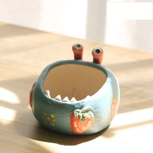 2 Pcs Blue Whimsical Monster Ceramic Succulent Planter - Hand-Painted Character Pot with Drainage - Mekamart Australia