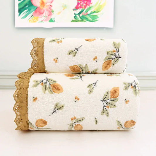 Beige Vintage Floral Lace Trim Towel Set - Ultra Soft Absorbent Coral Fleece Bath & Face Towel - Mekamart Australia