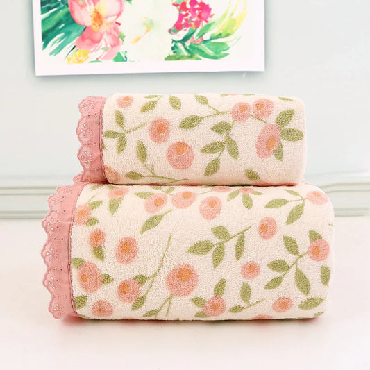 Pink Vintage Floral Lace Trim Towel Set - Ultra Soft Absorbent Coral Fleece Bath & Face Towel - Mekamart Australia