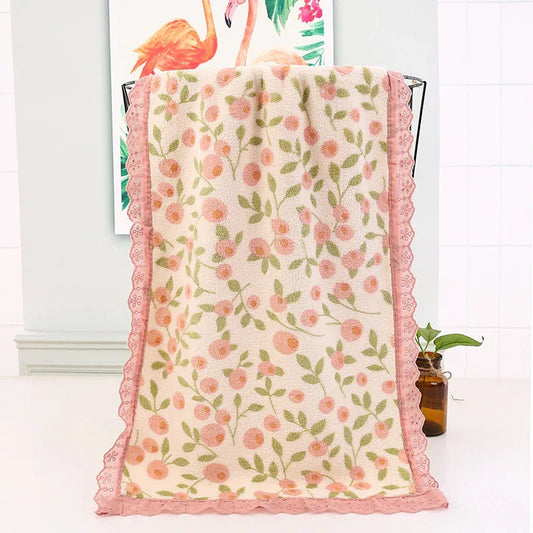 Pink Vintage Floral Lace Trim Towel Set - Ultra Soft Absorbent Coral Fleece Bath & Face Towel - Mekamart Australia