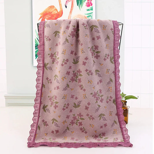 Purple Vintage Floral Lace Trim Towel Set - Ultra Soft Absorbent Coral Fleece Bath & Face Towel - Mekamart Australia