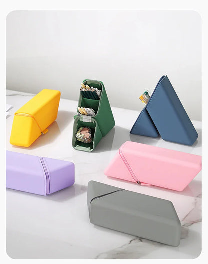 Yellow Transforming Silicone Pencil Case - Stand-Up Pen Holder & Stationery Organizer - Mekamart Australia