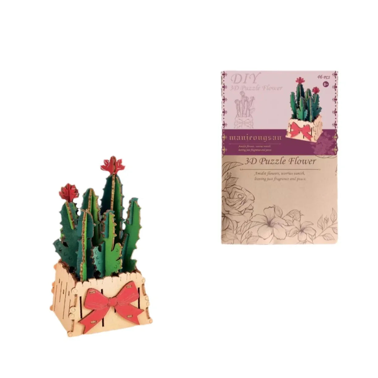 Thousand Flowers DIY 3D Wooden Cactus Puzzle with Red Flowers - 46-Piece Kids' Craft Toy - Mekamart Australia
