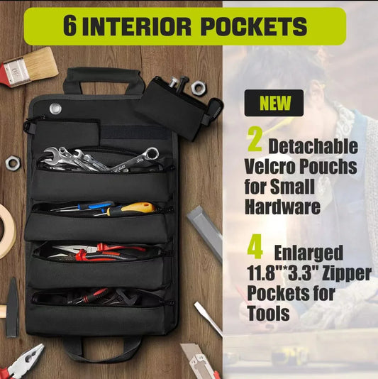 Black Heavy-Duty Tool Organizer Roll with Detachable Pouches - Mekamart Australia