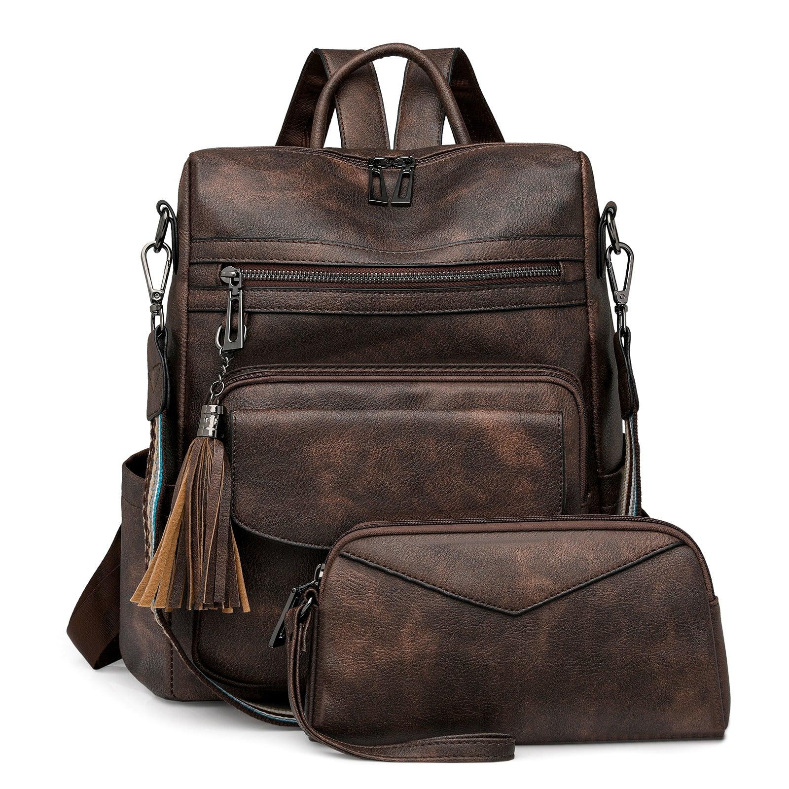Dark-brown Women's Retro PU Leather Backpack - Dual-Color Tassel Design, Winter High-End Style - Mekamart Australia