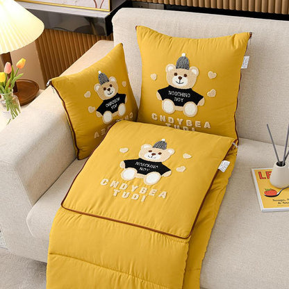 Yellow Cap Bear 2-in-1 Foldable Car Pillow Blanket - Cozy 40x40cm Pillow, Unfolds to 100x150cm Blanket for Travel and Office Naps - Mekamart Australia
