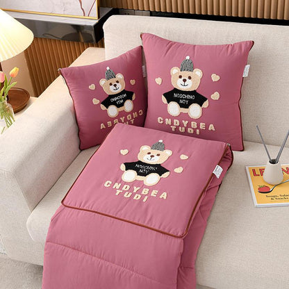 Pink Cap Bear 2-in-1 Foldable Car Pillow Blanket - Cozy 40x40cm Pillow, Unfolds to 100x150cm Blanket for Travel and Office Naps - Mekamart Australia