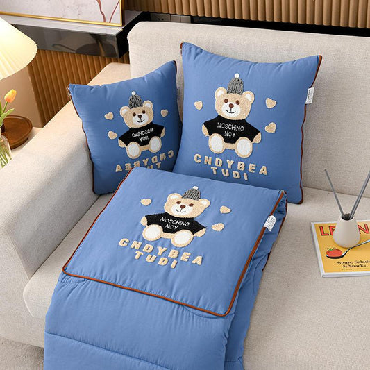 Blue Cap Bear 2-in-1 Foldable Car Pillow Blanket - Cozy 40x40cm Pillow, Unfolds to 100x150cm Blanket for Travel and Office Naps - Mekamart Australia