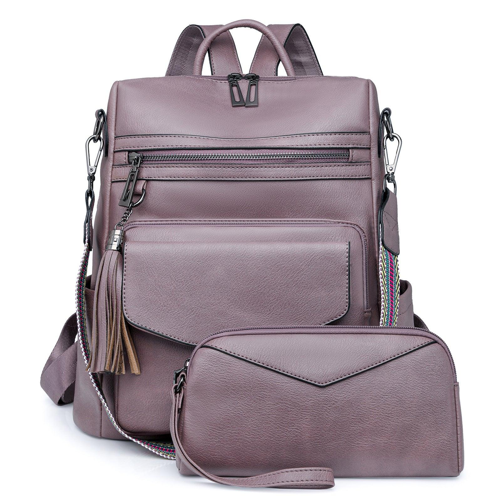 Light Purple Women's Retro PU Leather Backpack - Dual-Color Tassel Design, Winter High-End Style - Mekamart Australia