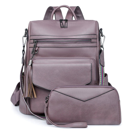 Light Purple Women's Retro PU Leather Backpack - Dual-Color Tassel Design, Winter High-End Style - Mekamart Australia