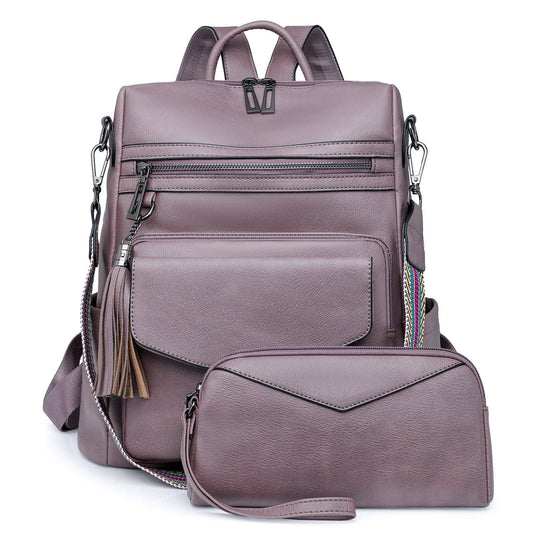Light Purple Women's Retro PU Leather Backpack - Dual-Color Tassel Design, Winter High-End Style - Mekamart Australia
