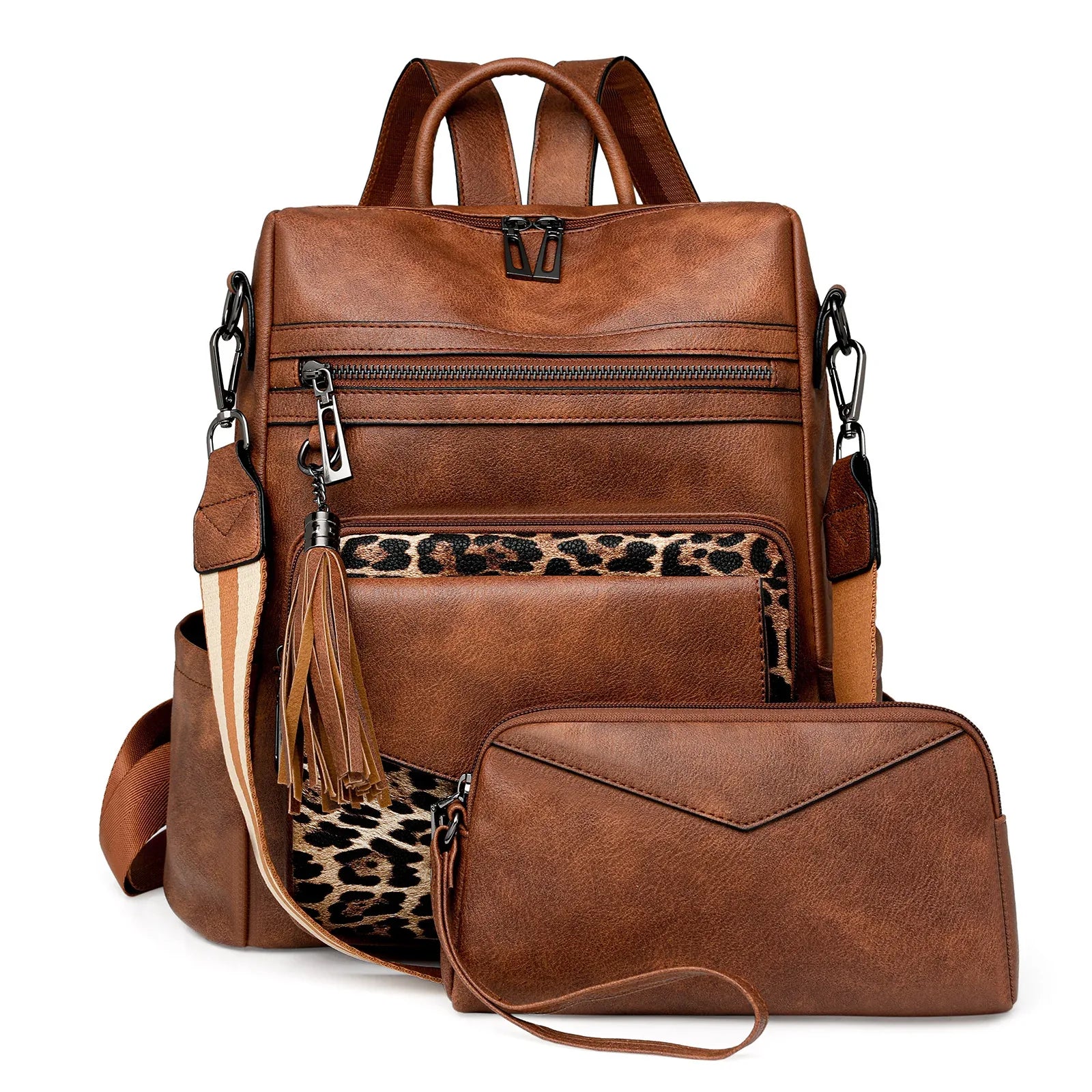 Brown with Leopard Print Women's Retro PU Leather Backpack - Dual-Color Tassel Design, Winter High-End Style - Mekamart Australia