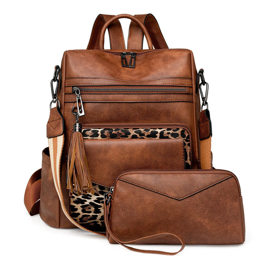 Brown with Leopard Print Women's Retro PU Leather Backpack - Dual-Color Tassel Design, Winter High-End Style - Mekamart Australia