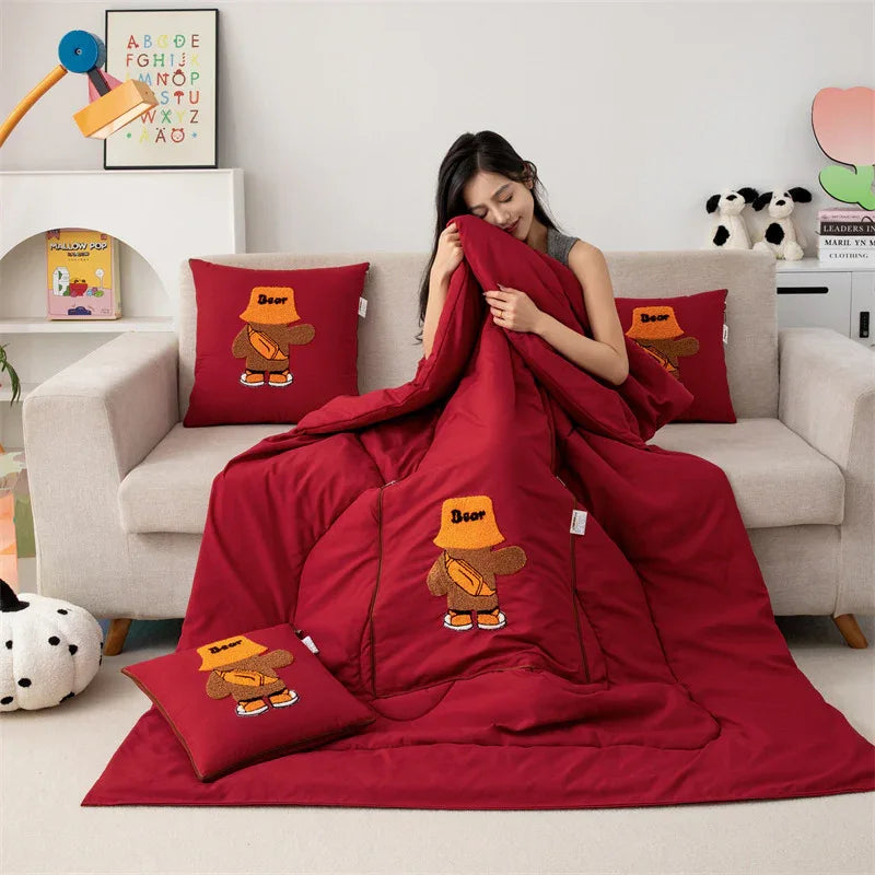 Wine Red Fashion Bear 2-in-1 Foldable Car Pillow Blanket - Cozy 40x40cm Pillow, Unfolds to 100x150cm Blanket for Travel and Office Naps - Mekamart Australia