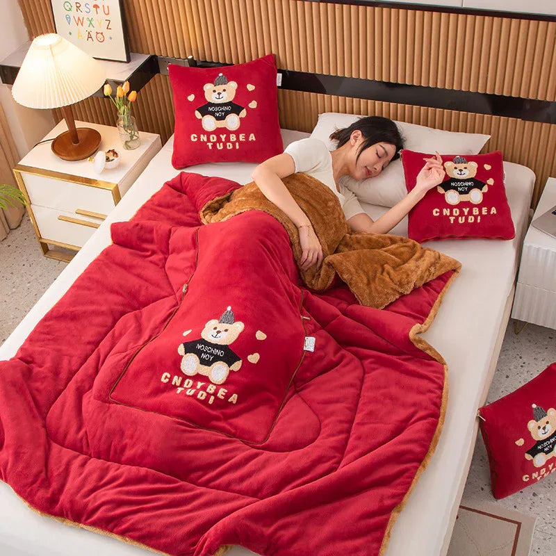 Wine Red Padded Thickened Hat Bear 2-in-1 Foldable Car Pillow Blanket - Cozy 40x40cm Pillow, Unfolds to 100x150cm Blanket for Travel and Office Naps - Mekamart Australia