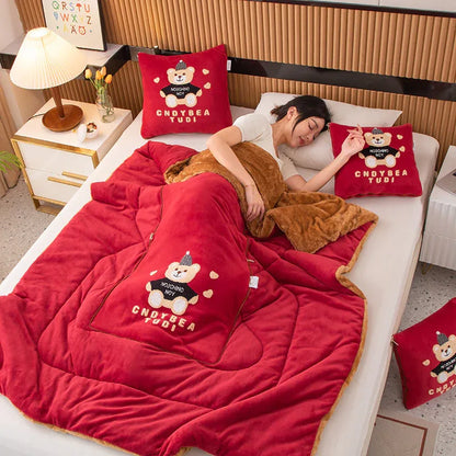 Wine Red Padded Thickened Hat Bear 2-in-1 Foldable Car Pillow Blanket - Cozy 40x40cm Pillow, Unfolds to 100x150cm Blanket for Travel and Office Naps - Mekamart Australia