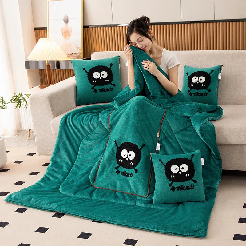 Green Padded and Thickened Elf 2-in-1 Foldable Car Pillow Blanket - Cozy 40x40cm Pillow, Unfolds to 100x150cm Blanket for Travel and Office Naps - Mekamart Australia