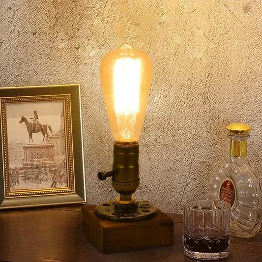 Rustic Industrial Table Lamp Vintage Wooden Base Accent Light - Mekamart Australia