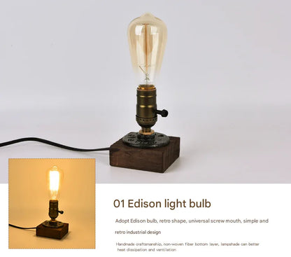 Rustic Industrial Table Lamp Vintage Wooden Base Accent Light - Mekamart Australia