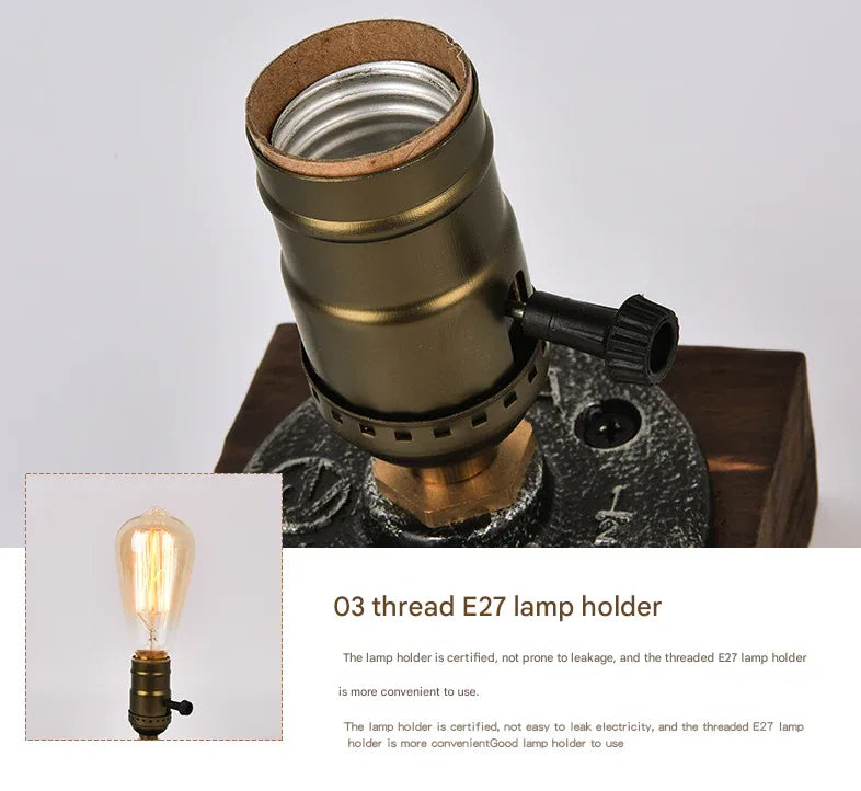 Rustic Industrial Table Lamp Vintage Wooden Base Accent Light - Mekamart Australia