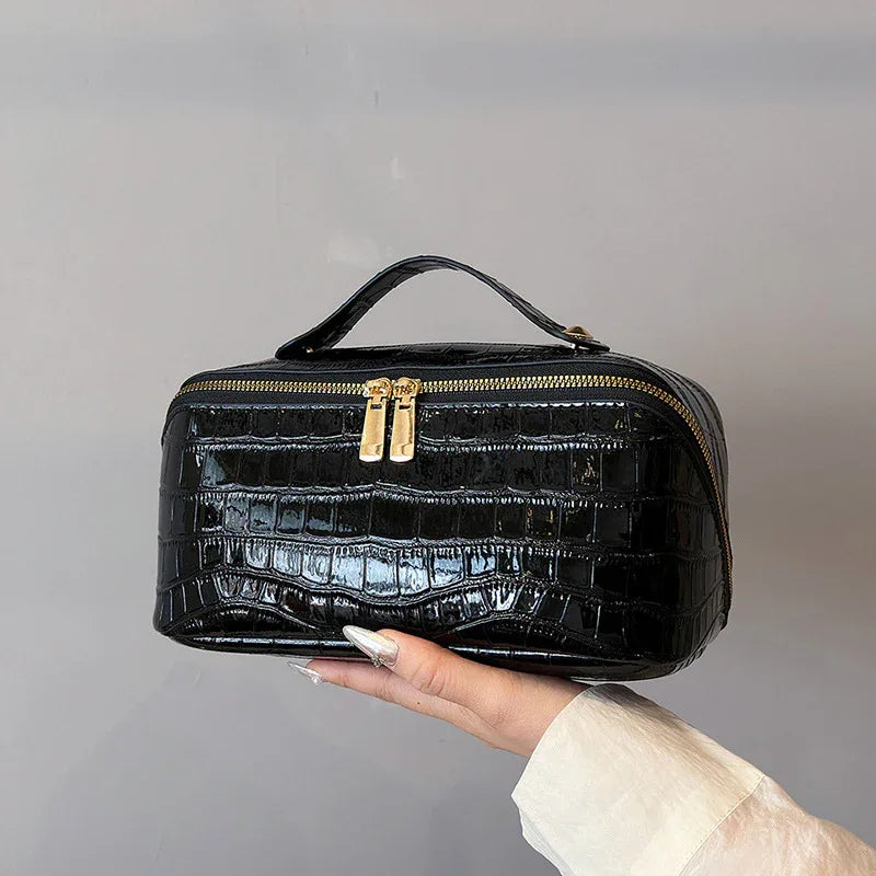 Black Chic Croc-Embossed Travel Makeup Case Large Capacity Cosmetic Organizer Bag - Mekamart Australia