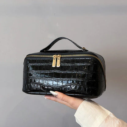 Black Chic Croc-Embossed Travel Makeup Case Large Capacity Cosmetic Organizer Bag - Mekamart Australia