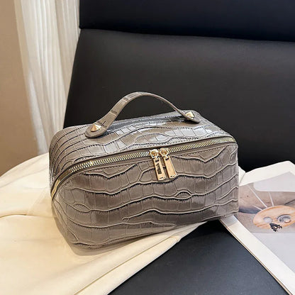 Grey Chic Croc-Embossed Travel Makeup Case Large Capacity Cosmetic Organizer Bag - Mekamart Australia