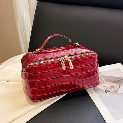 Red Chic Croc-Embossed Travel Makeup Case Large Capacity Cosmetic Organizer Bag - Mekamart Australia