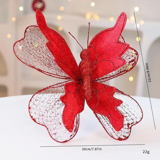 Red Large Glitter Butterfly Christmas Ornaments (Set of 2) - Clip-On Decorations for Trees & Wreaths - Mekamart Australia