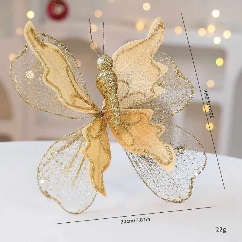 Gold Large Glitter Butterfly Christmas Ornaments (Set of 2) - Clip-On Decorations for Trees & Wreaths - Mekamart Australia