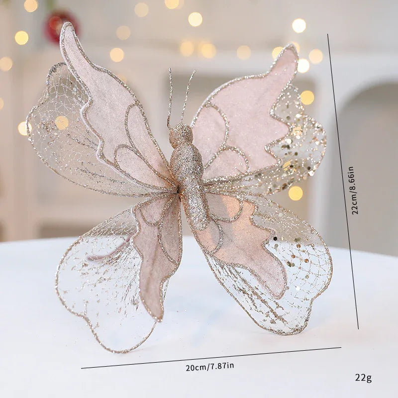 Champagne Gold Large Glitter Butterfly Christmas Ornaments (Set of 2) - Clip-On Decorations for Trees & Wreaths - Mekamart Australia