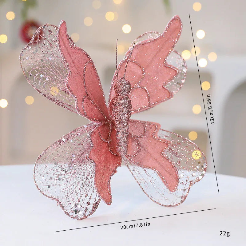 Rose Gold Large Glitter Butterfly Christmas Ornaments (Set of 2) - Clip-On Decorations for Trees & Wreaths - Mekamart Australia