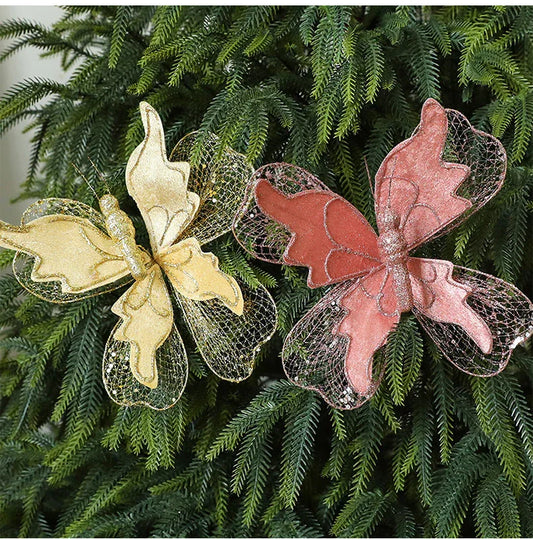 Rose Gold Large Glitter Butterfly Christmas Ornaments (Set of 2) - Clip-On Decorations for Trees & Wreaths - Mekamart Australia