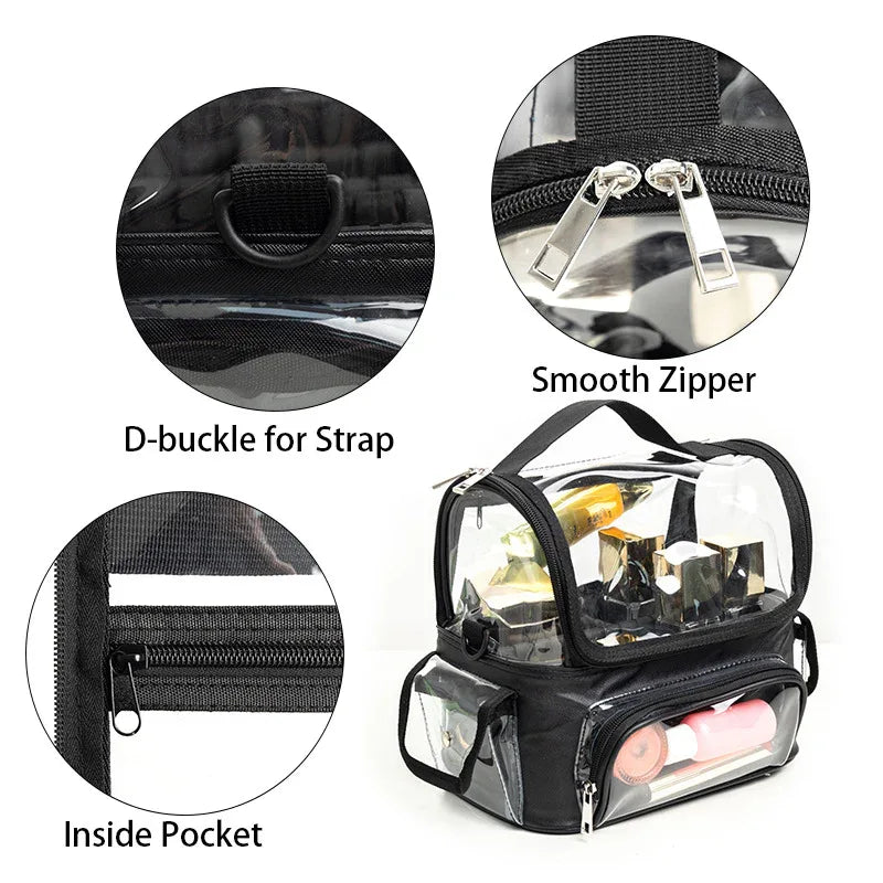 Black Professional Clear Makeup Case - Portable PVC Cosmetic Organizer with Adjustable Dividers & Shoulder Strap - Mekamart Australia