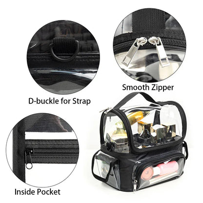 Black Professional Clear Makeup Case - Portable PVC Cosmetic Organizer with Adjustable Dividers & Shoulder Strap - Mekamart Australia