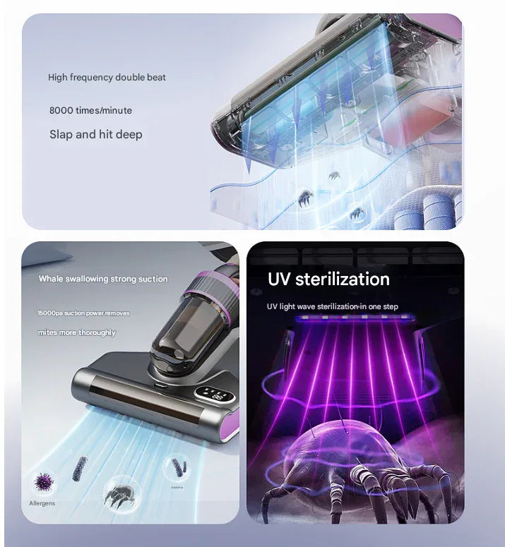 White Advanced Cordless UV-C Dust Mite Vacuum - Handheld Cleaner with Hot Air, Pulsating Pads & LED Display - Mekamart Australia