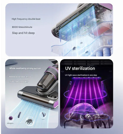 White Advanced Cordless UV-C Dust Mite Vacuum - Handheld Cleaner with Hot Air, Pulsating Pads & LED Display - Mekamart Australia