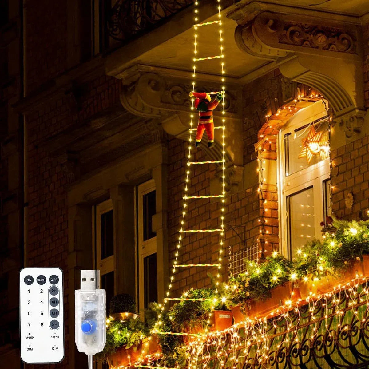 Festive Climbing Santa LED Ladder Light - USB Powered Outdoor Christmas Hanging Decoration with Remote(1.7m) - Mekamart Australia
