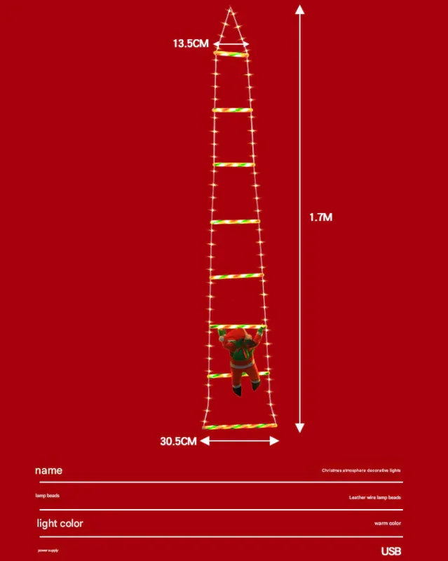 Festive Climbing Santa LED Ladder Light - USB Powered Outdoor Christmas Hanging Decoration with Remote(1.7m) - Mekamart Australia
