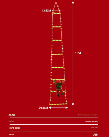 Festive Climbing Santa LED Ladder Light - USB Powered Outdoor Christmas Hanging Decoration with Remote(1.7m) - Mekamart Australia