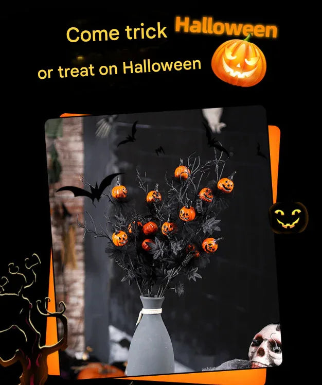 Halloween Black Twig & Pumpkin Stems (2-Pack) - Artificial Floral Picks for Spooky Arrangements - Mekamart Australia