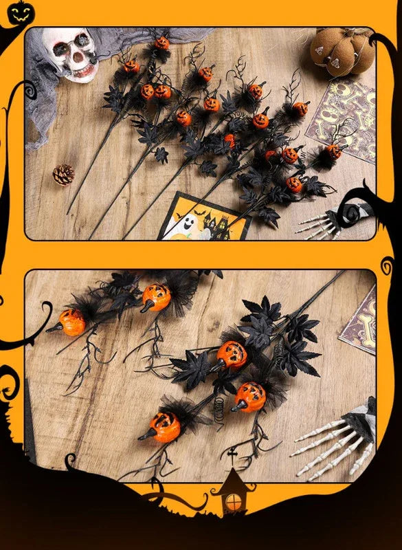 Halloween Black Twig & Pumpkin Stems (2-Pack) - Artificial Floral Picks for Spooky Arrangements - Mekamart Australia
