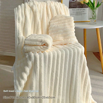 White Plush Ribbed Coral Fleece 3-Piece Towel Set - Ultra Soft & Absorbent Bath, Hand Towel and Hair Wrap - Mekamart Australia