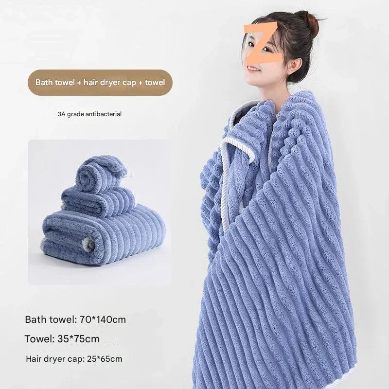 Blue Plush Ribbed Coral Fleece 3-Piece Towel Set - Ultra Soft & Absorbent Bath, Hand Towel and Hair Wrap - Mekamart Australia