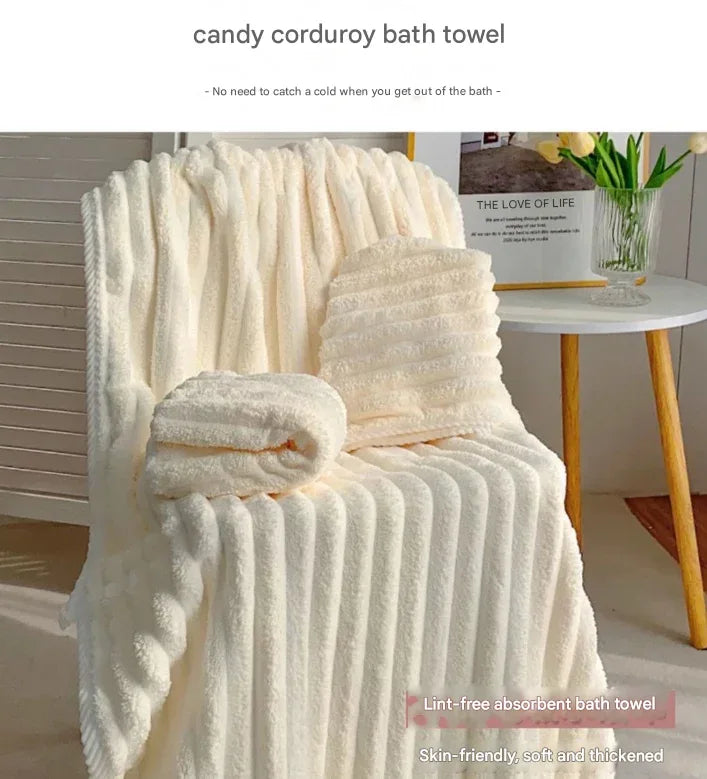 Blue Plush Ribbed Coral Fleece 3-Piece Towel Set - Ultra Soft & Absorbent Bath, Hand Towel and Hair Wrap - Mekamart Australia