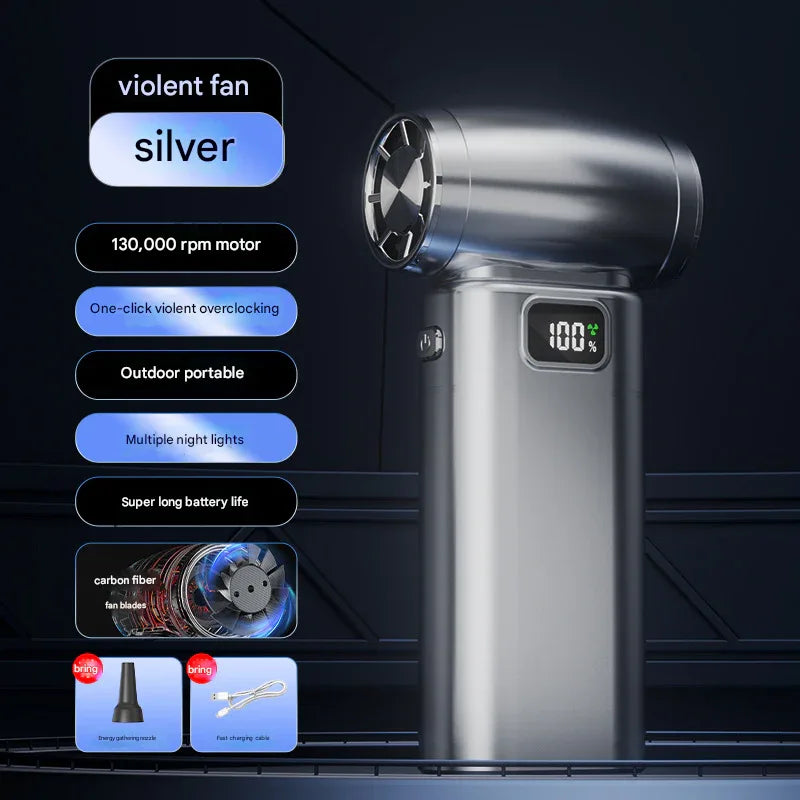 Silver Portable High-Speed Turbo Fan & Air Duster - 130,000 RPM Brushless Motor, Rechargeable Blower - Mekamart Australia