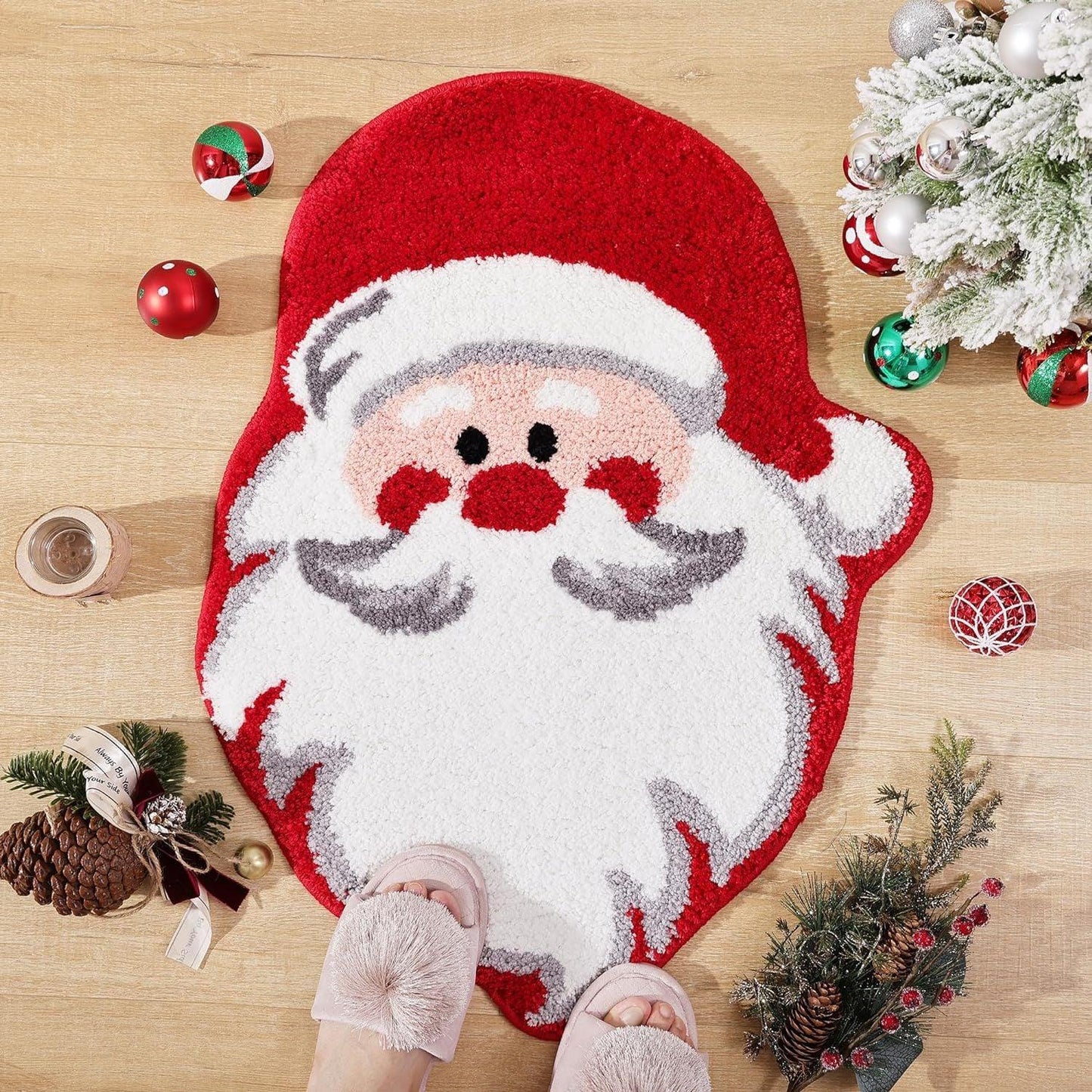 Red Santa Claus Festive Christmas Shaped Floor Mat - Plush Non-Slip Holiday Accent Rug - Mekamart Australia
