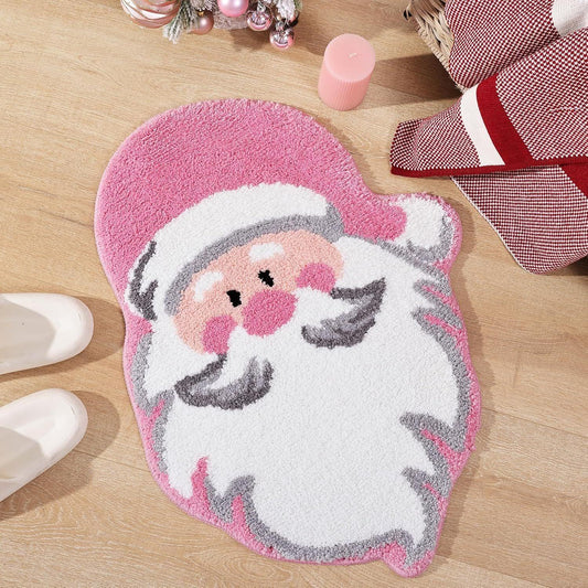 Pink Santa Claus Festive Christmas Shaped Floor Mat - Plush Non-Slip Holiday Accent Rug - Mekamart Australia