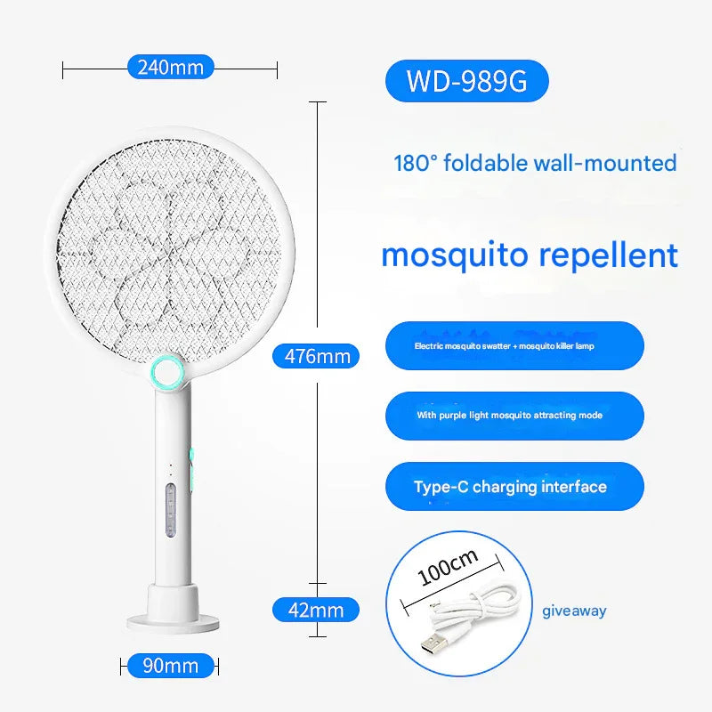 White Rechargeable 2-in-1 Bug Zapper Racket - Electric Fly Swatter & UV Mosquito Lamp with Charging Base - Mekamart Australia